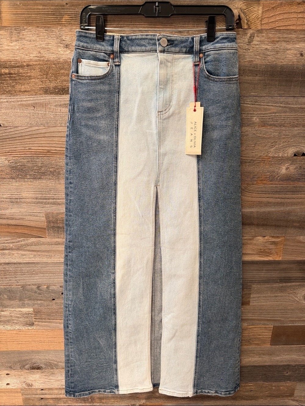 Alice + Olivia Rye Two-Tone Low Rise Maxi Jean Skirt Size 27 NWT - Picture 4 of 14